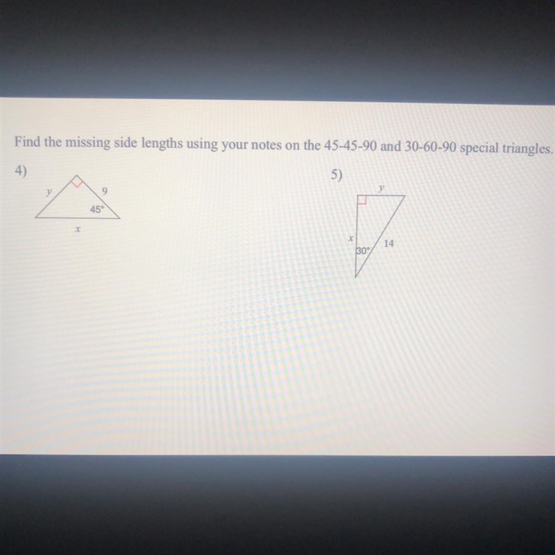 PLEASE HELP ME ASAP??!! Find the missing side lengths using your notes on the 45-45-90 and-example-1