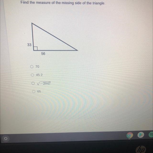 Find the measure of the missing side of the triangle.-example-1