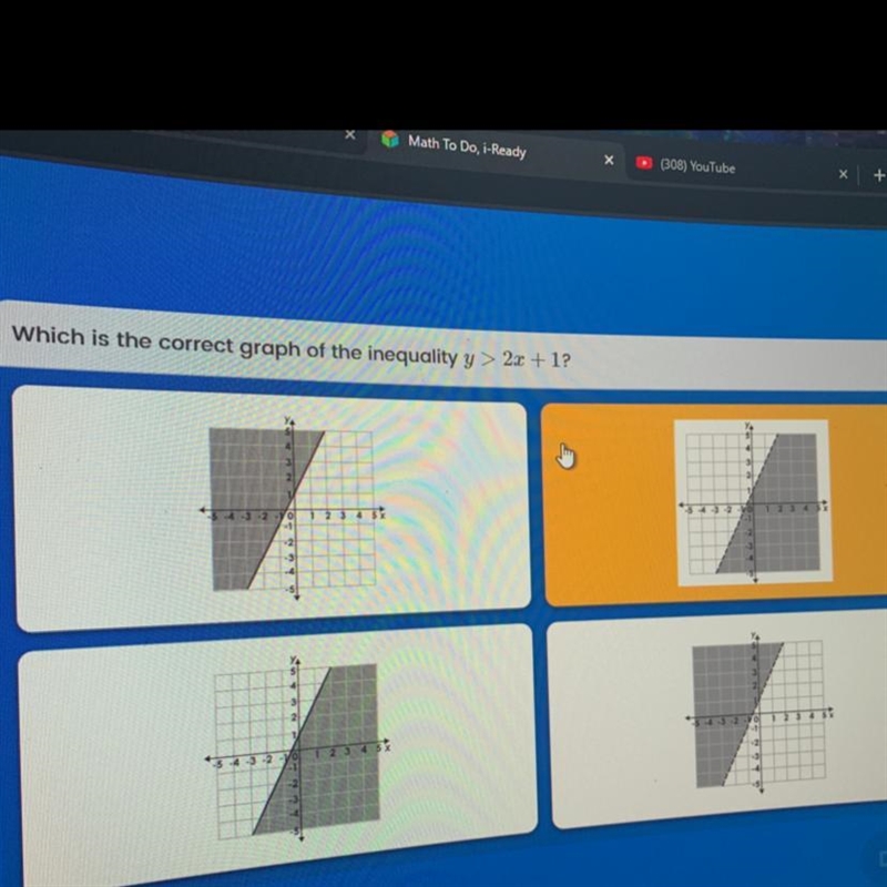 Which is the correct graph of the inequality y > 2x + 1? SHOW HOW YOU KNOW-example-1