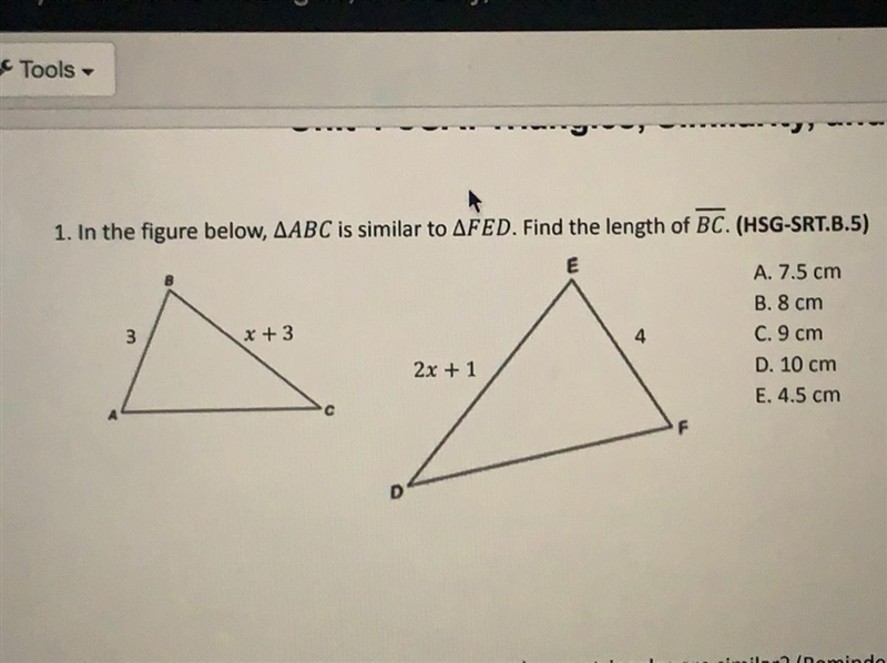 Pls answer!! In the figure below, ABC is similar to FED. Find the length of BC.-example-1