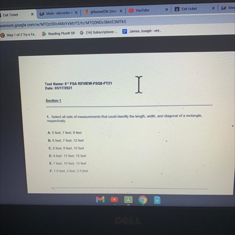 1. Select all sets of measurements that could identify the length, width, and diagonal-example-1