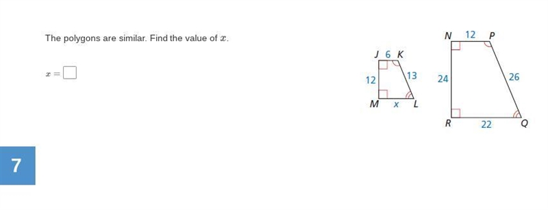 The polygons are similar. Find the value of x.-example-1