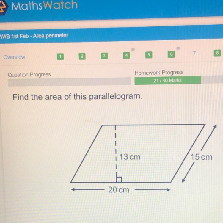 Question Progress boel 21/40 Marks Find the area of this parallelogram. 13 cm 15 cm-example-1