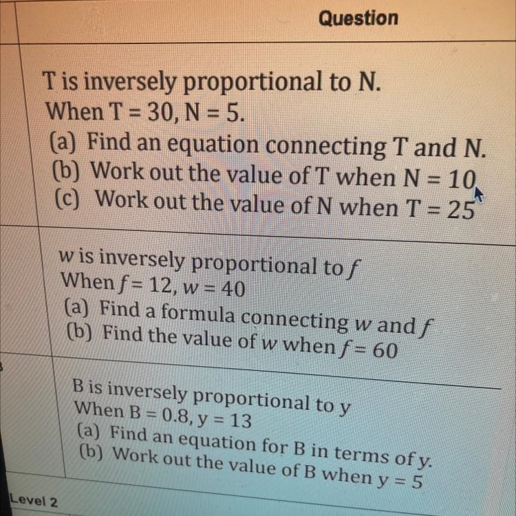 Level 1 Question 1 T is inversely proportional to N. When T = 30, N = 5. (a) Find-example-1