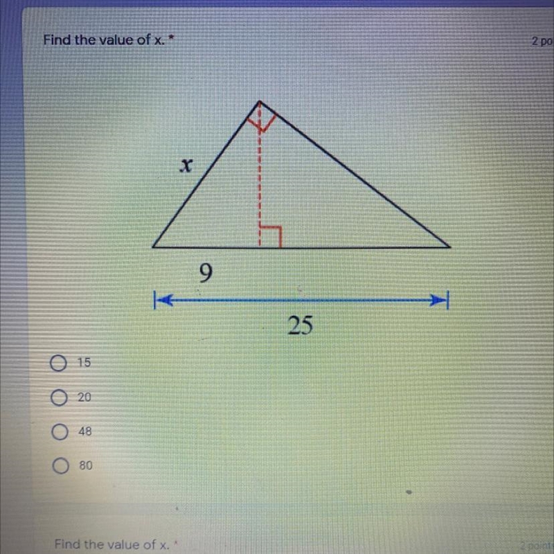 Find the value of x. 15 20 48 80-example-1