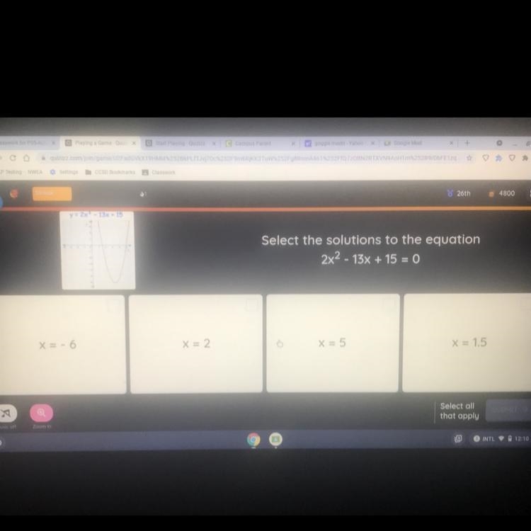 Select the solutions to the equation 2x² - 13x + 15= 0 Select all that apply-example-1