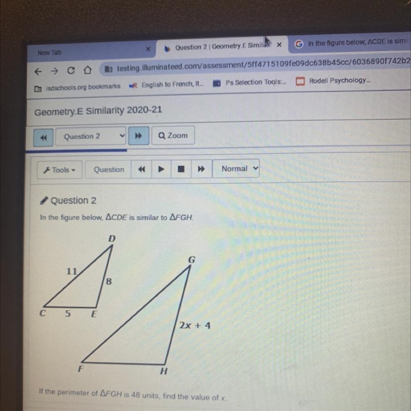 In the figure below, ACDE is similar to AFGH. D G 11 8 C 5 E 2X+4 F H If the perimeter-example-1