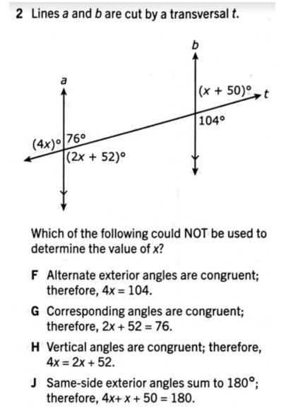 8TH GRADE MATH Lines a and b are cut by a transversal t. Which of the following could-example-1