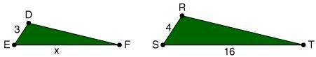 Given \(\triangle DEF\ :\ \triangle RST\), find the scale factor.-example-1