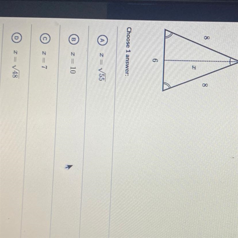 Please help find the value of x in the isosceles triangle shown below.-example-1