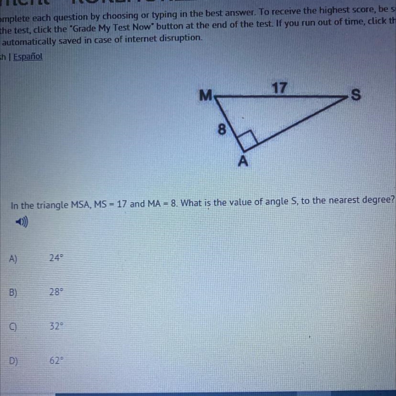 In the triangle MSA, MS = 17 and MA = 8. What is the value of angle S, to the nearest-example-1