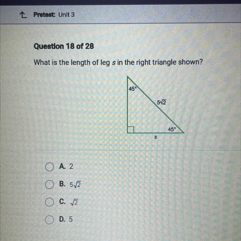 What is the length of leg s in the right triangle shown?-example-1