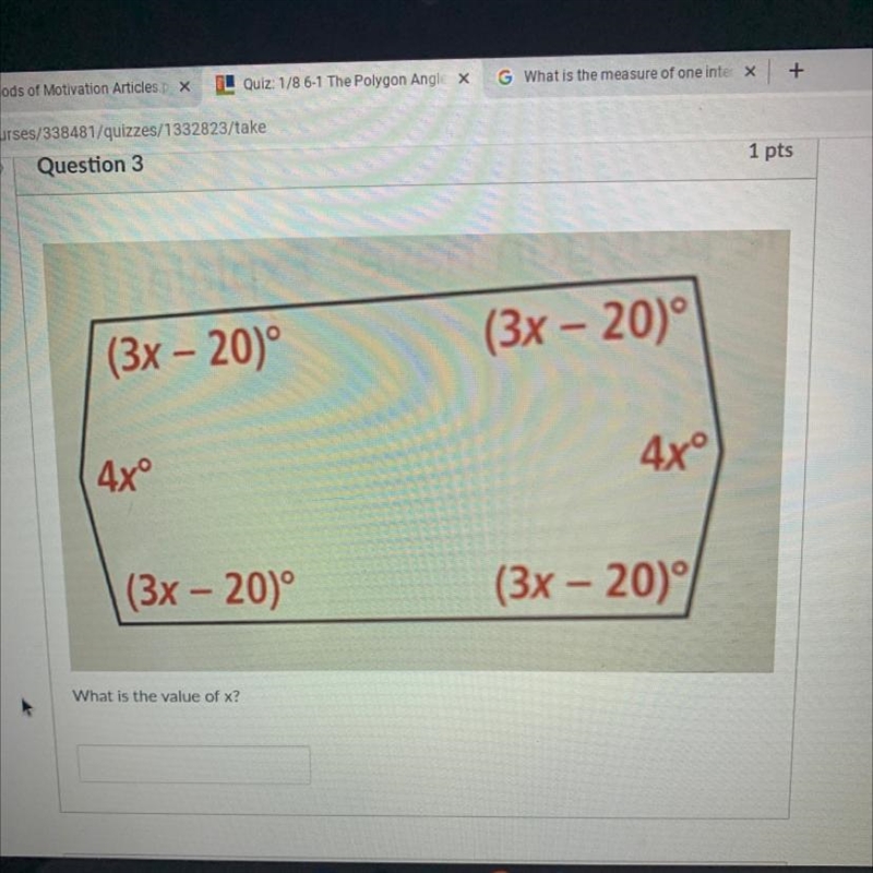 (3x - 20° (3x – 20)° 4xº 4xº (3x – 20° (3x – 20) What is the value of x?-example-1