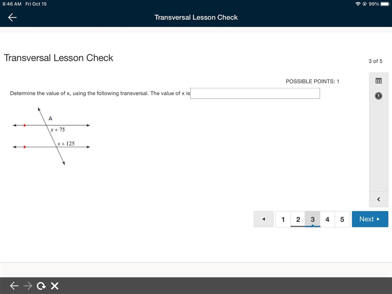 Determine the value of x, using the following transversal. The value of x is-example-1