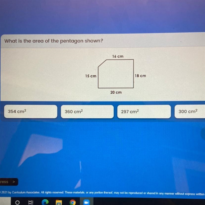 What is the area of the pentagon shown? 16 cm 15 cm 18 cm 20 cm-example-1