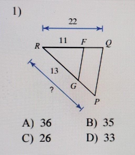 Find the missing length. The triangles in each pair are similar. A. 36 B. 35 C. 26 D-example-1