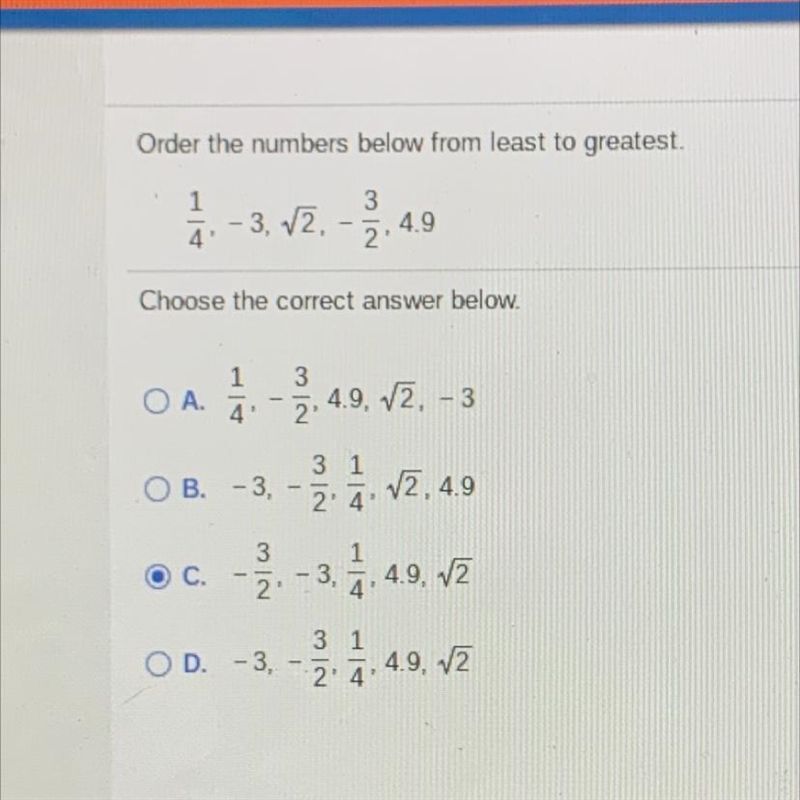 ALGEBRA 1 CP HELP !!! Order The numbers below from least to greatest-example-1