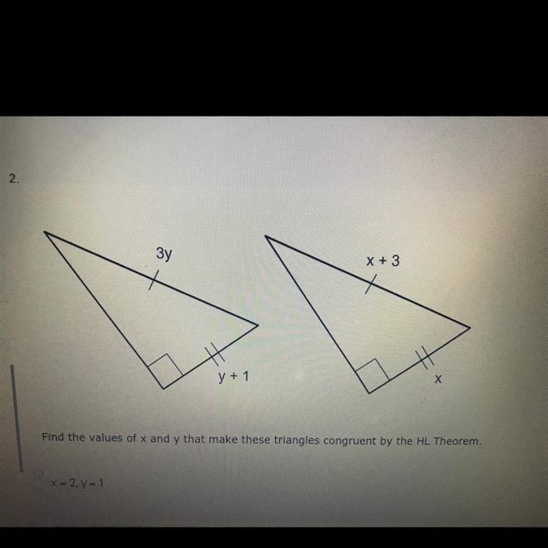 Find the values of x and y that make these triangles congruent by the HL Theorem. X-example-1