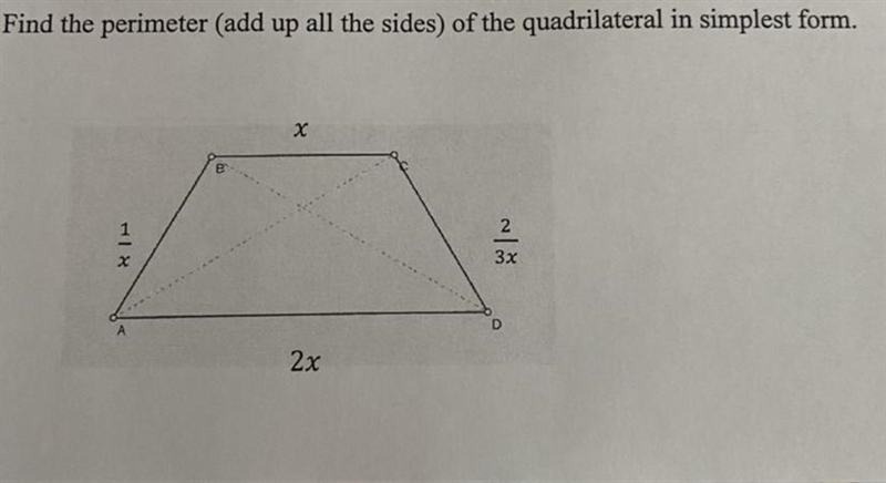 Find the perimeter (add up all the sides) of the quadrilateral in simplest form.-example-1