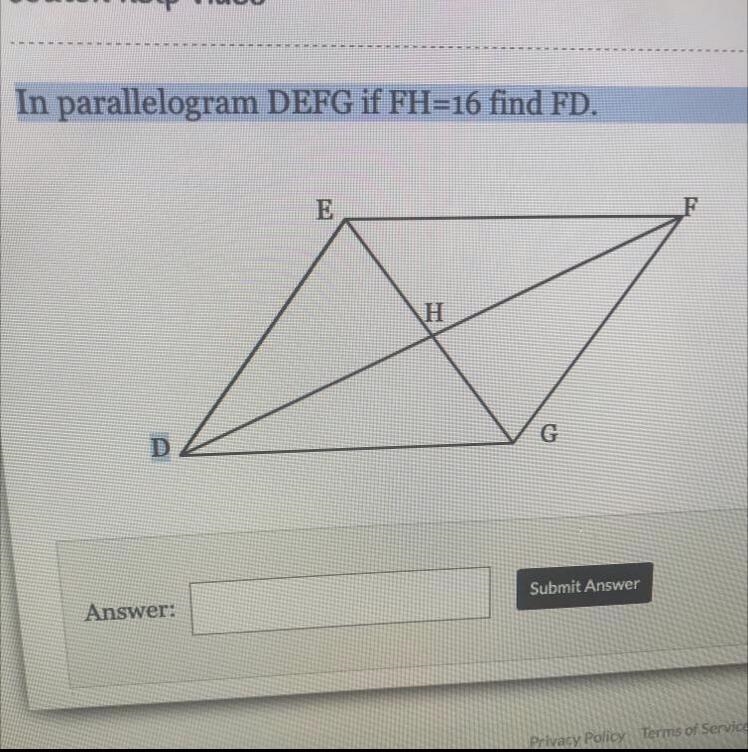 In parallelogram DEFG if FH=16 find FD.-example-1