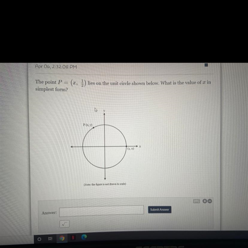 The point p=(x,1/2) Lies in the unit circle shown below what is the value of X in-example-1