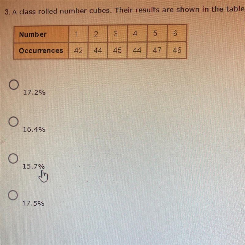 3. A class rolled number cubes. Their results are shown in the table. What is the-example-1