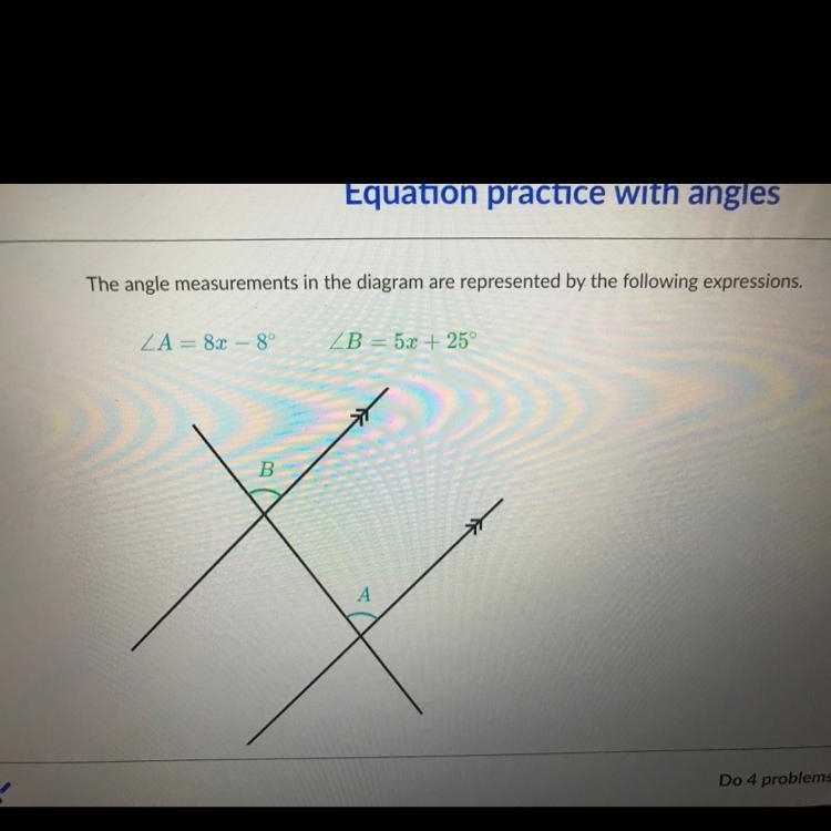 Solve for x and then find the measure of Angle B Angle B =-example-1