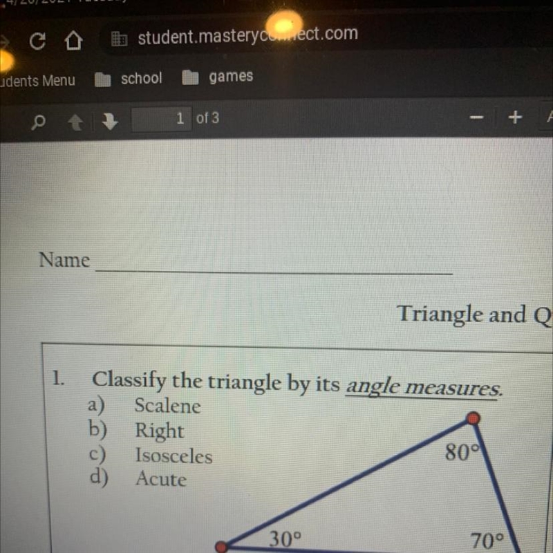 Classify the triangle by its angle measures.-example-1