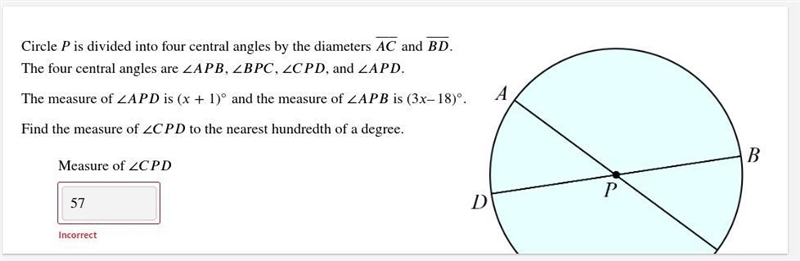 Circle P is divided into four central angles by the diameters ⎯⎯⎯⎯⎯⎯⎯⎯ and ⎯⎯⎯⎯⎯⎯⎯⎯⎯ . The-example-1