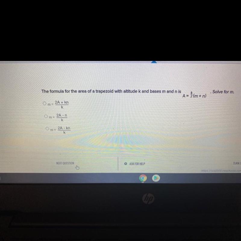 The formula for the area of a trapezold with altitude k and bases m and n is A=k/2(m-example-1