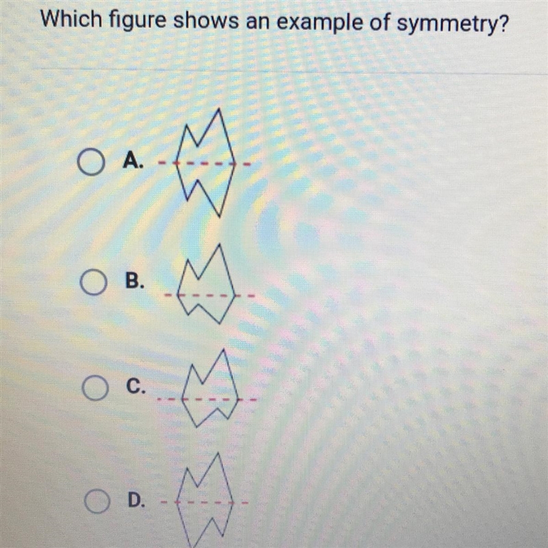 Which figure shows an example of symmetry? A. B. C. D.-example-1