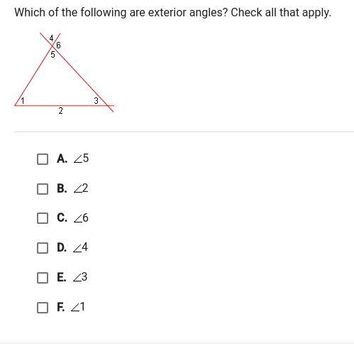 Which of the following are exterior angles?-example-1