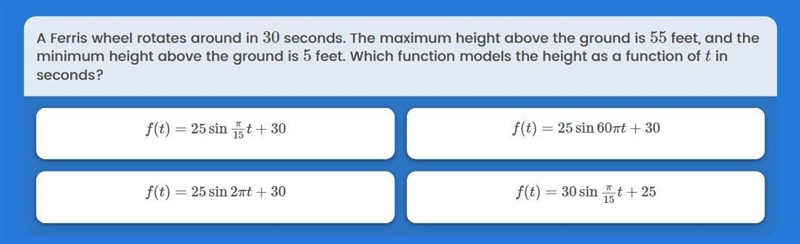 A Ferris wheel rotates around in 30 seconds. The maximum height above the ground is-example-1