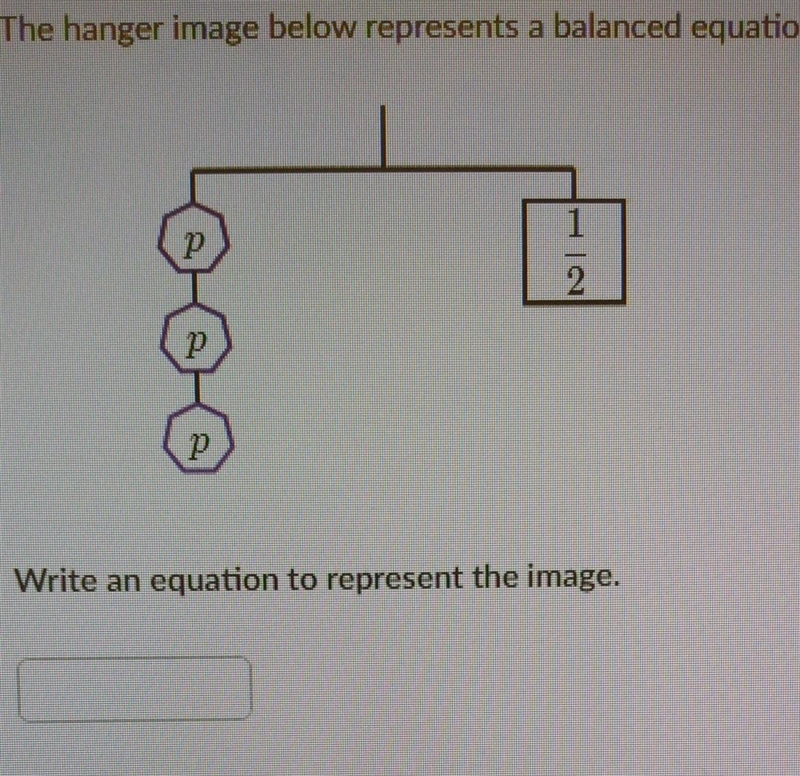 The hanger image below represents a balanced equation. Write an equation to represent-example-1