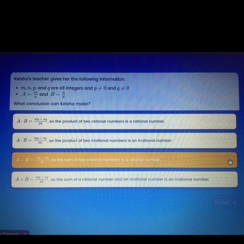 Keisha's teacher gives her the following information: • m, n, p, and q are all integers-example-1