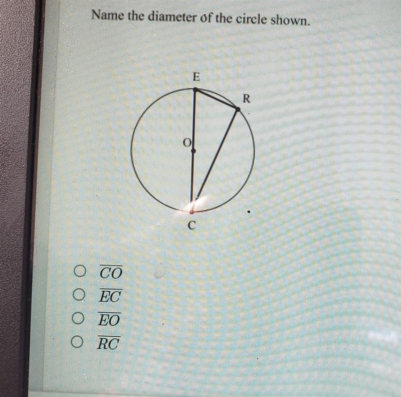 2 Name the diameter of the circle shown. A co B ec C eo D rc​-example-1