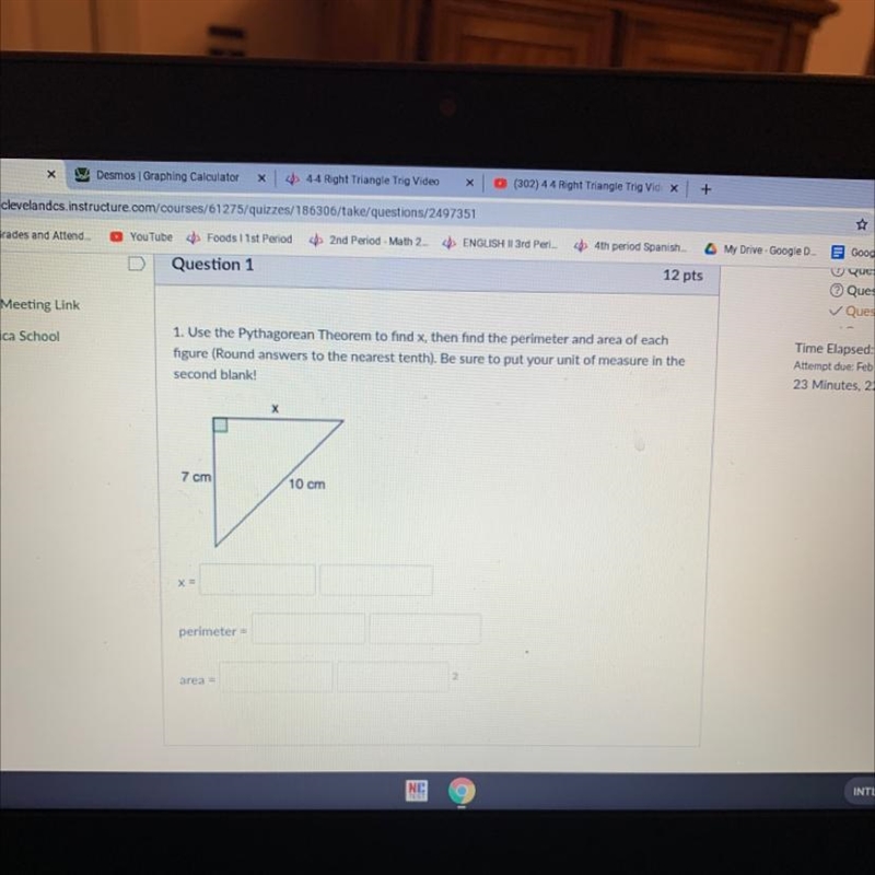 1. Use the Pythagorean Theorem to find then find the perimeter and area of each figure-example-1