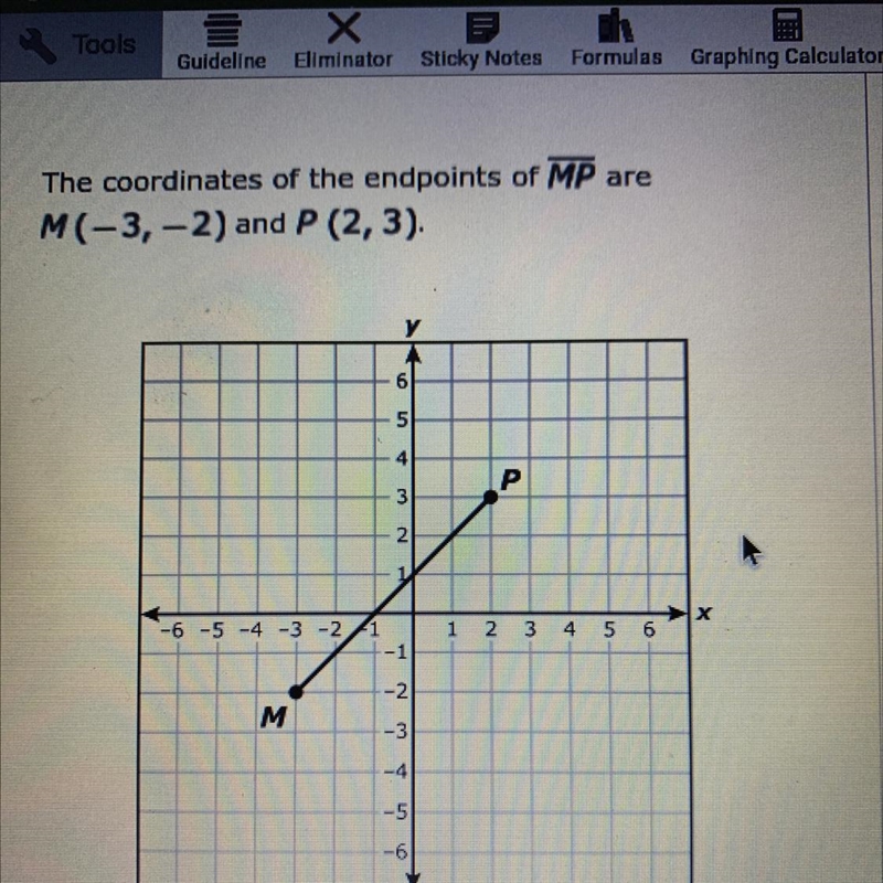 The coordinates of the endpoints of MP are M(-3,-2) and P (2, 3). Which measurement-example-1