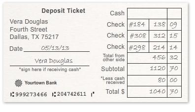 How much cash did Vera receive? Use the sample deposit ticket to answer a question-example-1