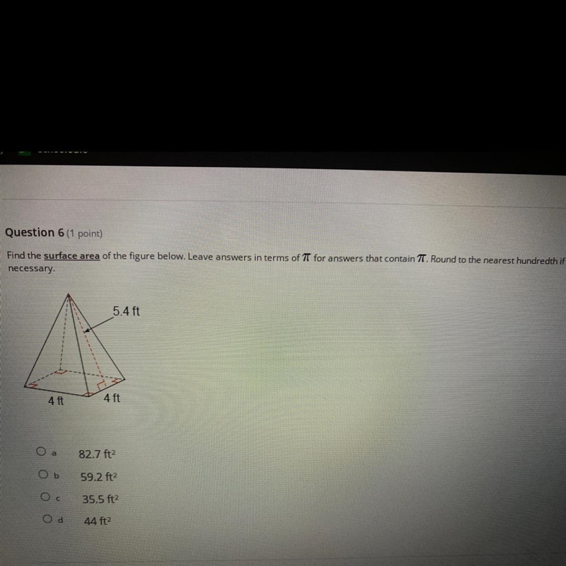 Find the surface area of the figure below. Leave answers in terms of 7 for answers-example-1