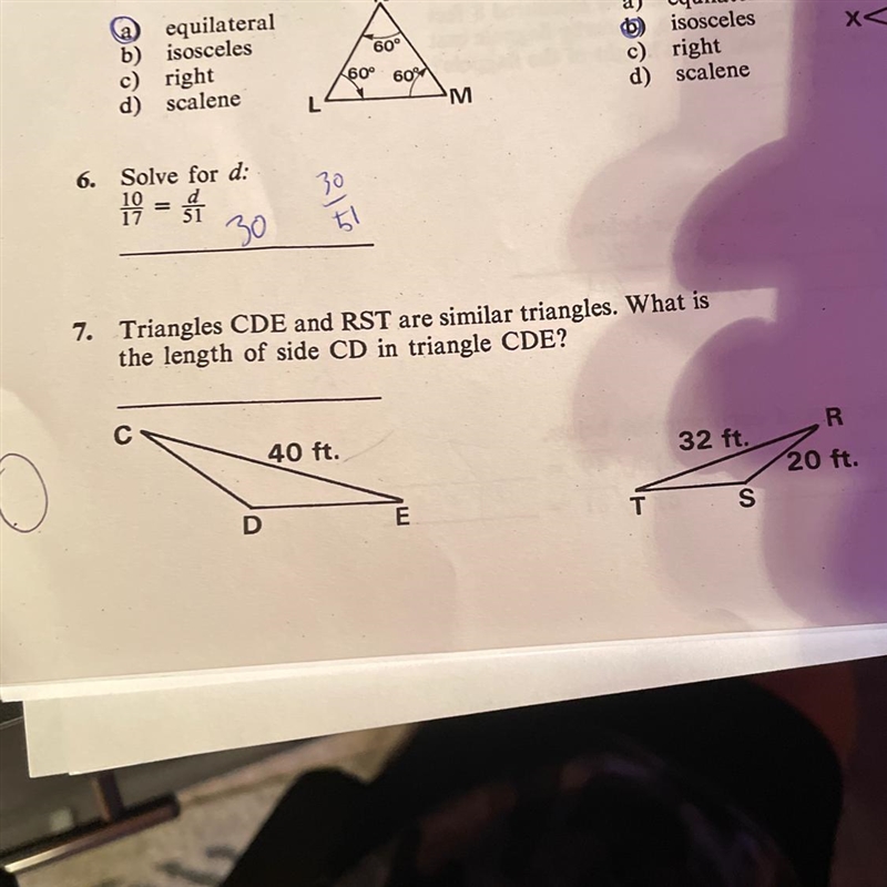 7. Triangles CDE and RST are similar triangles. What is the length of side CD in triangle-example-1