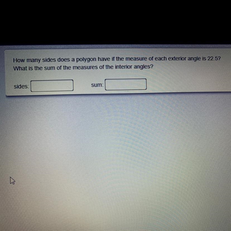 How many sides does a polygon have if the measure of each exterior angle is 22.5? What-example-1