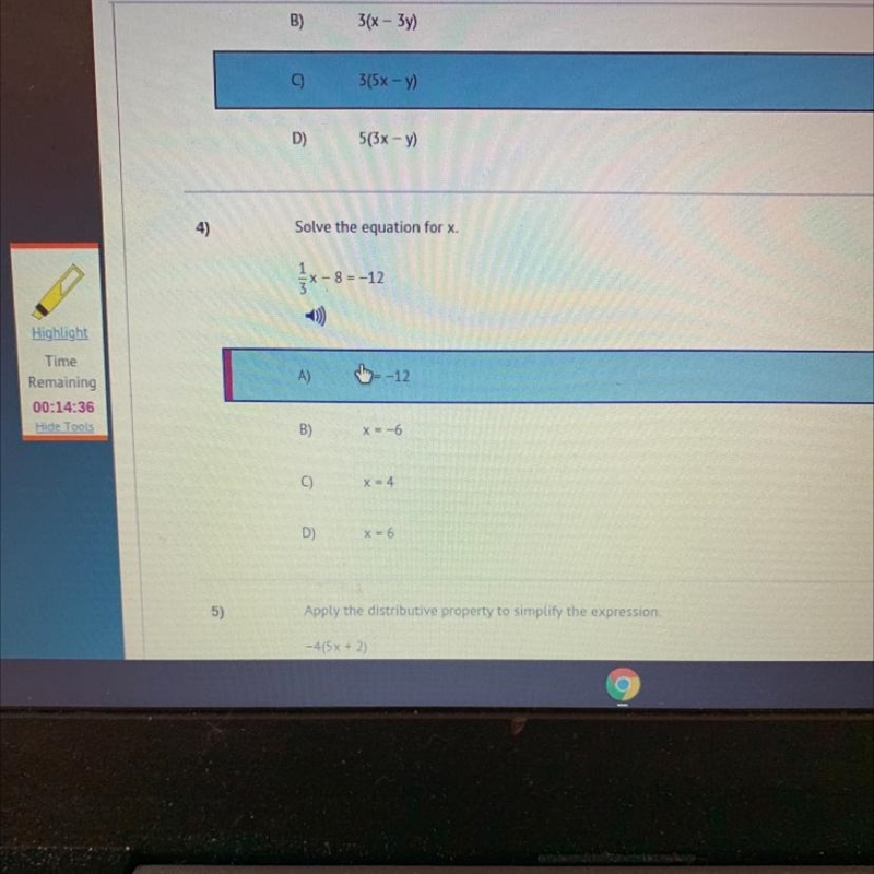 4) Solve the equation for x. EX-8--12 ighlight Time maining 3:13:47 de Tools A) X-example-1