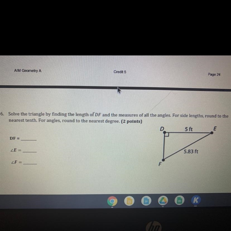 6. Solve the triangle by finding the length of DF and the measures of all the angles-example-1