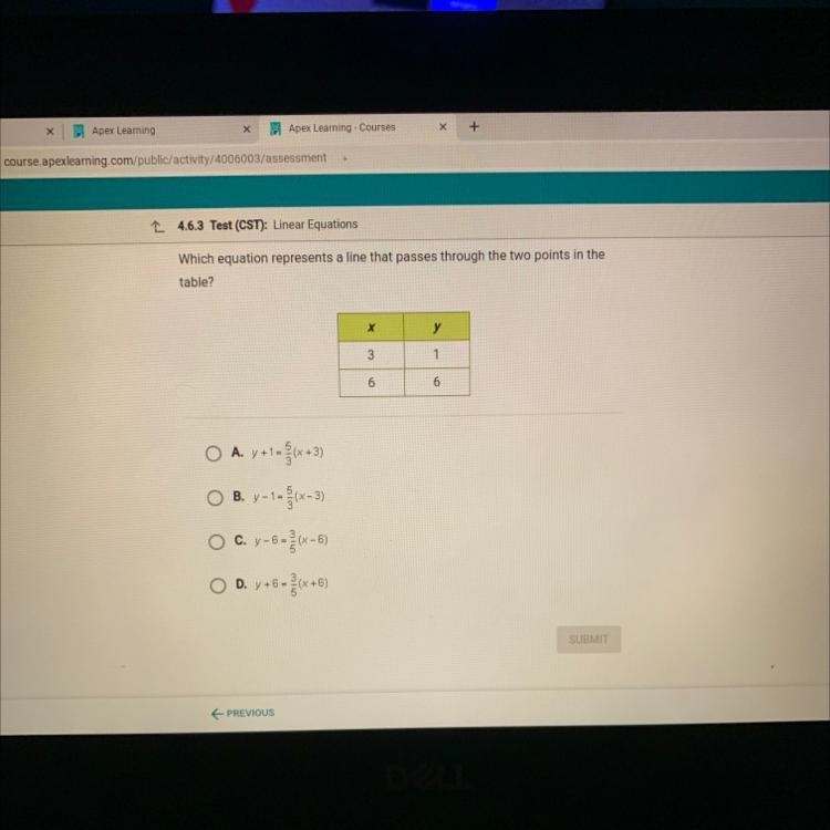 Which equation represents a line that passes through the two points in the table? х-example-1