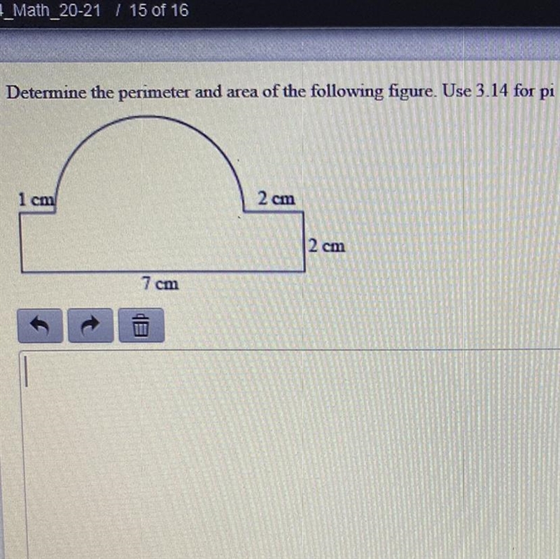 Determined the perimeter and area of the following figure. Use 3.14 for pi-example-1