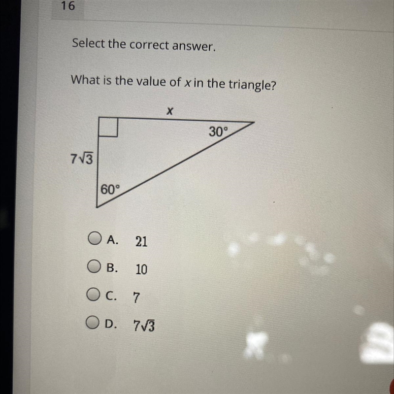 Select the correct answer. What is the value of x in the triangle?-example-1