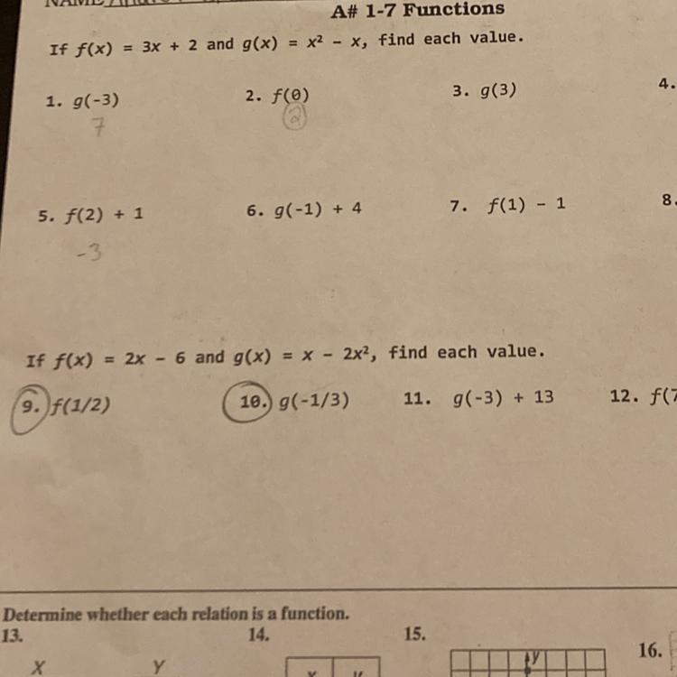 Functions (HELP PLZ) #4. f(-1) #8. g(2)-2 #12. f(7)-9-example-1