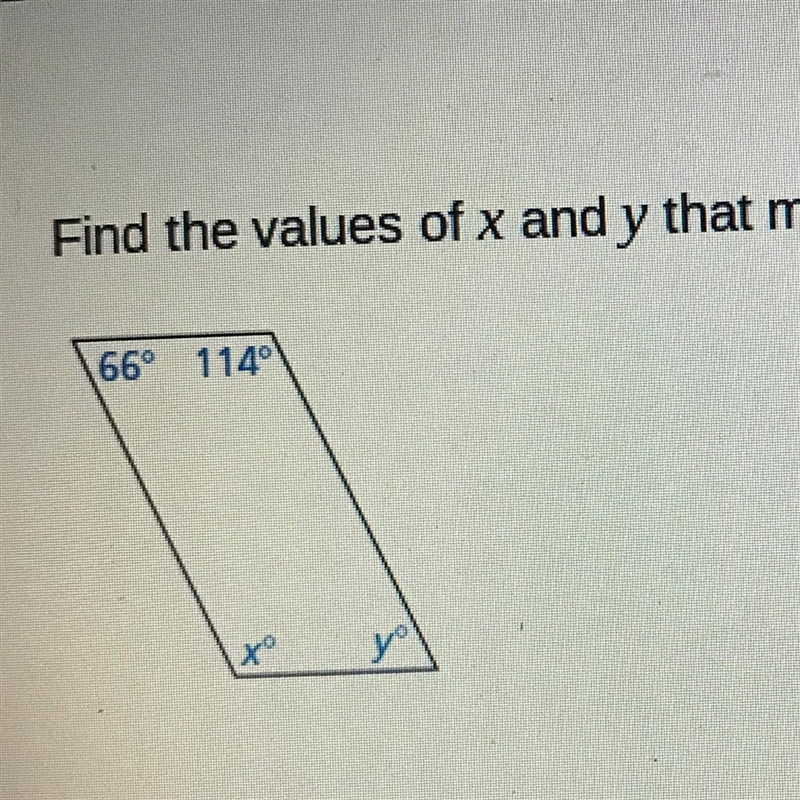 Find the values of x and y that make the quadrilateral a parallelogram.-example-1