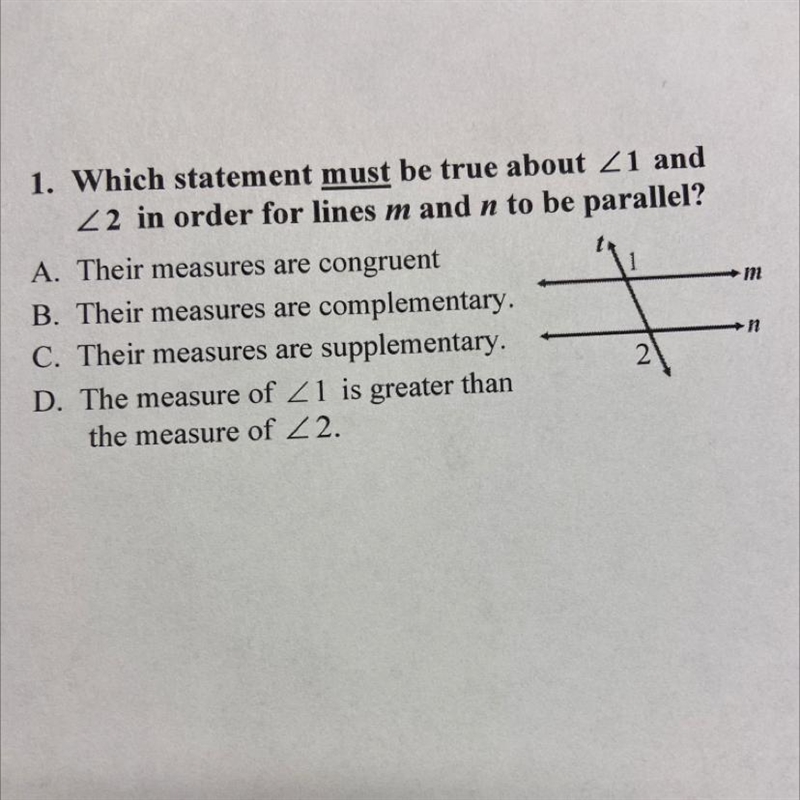 Which statement must be true about <1 and <2 for lines m and n to be parallel-example-1